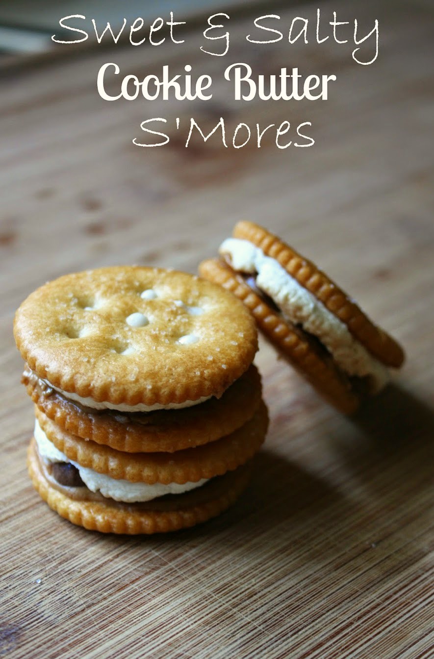 A sweet and salty s'mores snack. Made with Ritz crackers, Trader Joe's Cookie Butter, marshmallows and chocolate chips. Made in a toaster oven. No fire needed s'mores! 