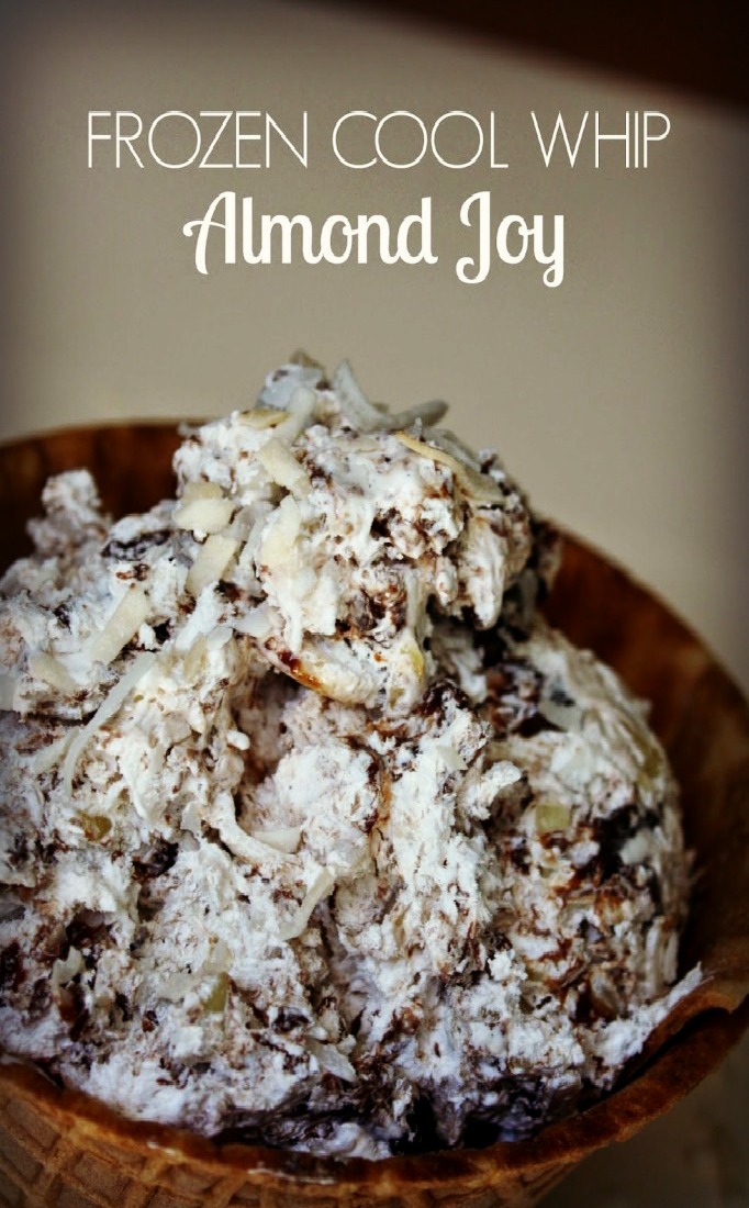 Ok Frozen Cool Whip isn’t technically ice cream but with a few mix-ins you can create some fantastic flavors with half the calories. This is a quick recipe for Almond Joy Frozen Cool Whip “Ice Cream”.