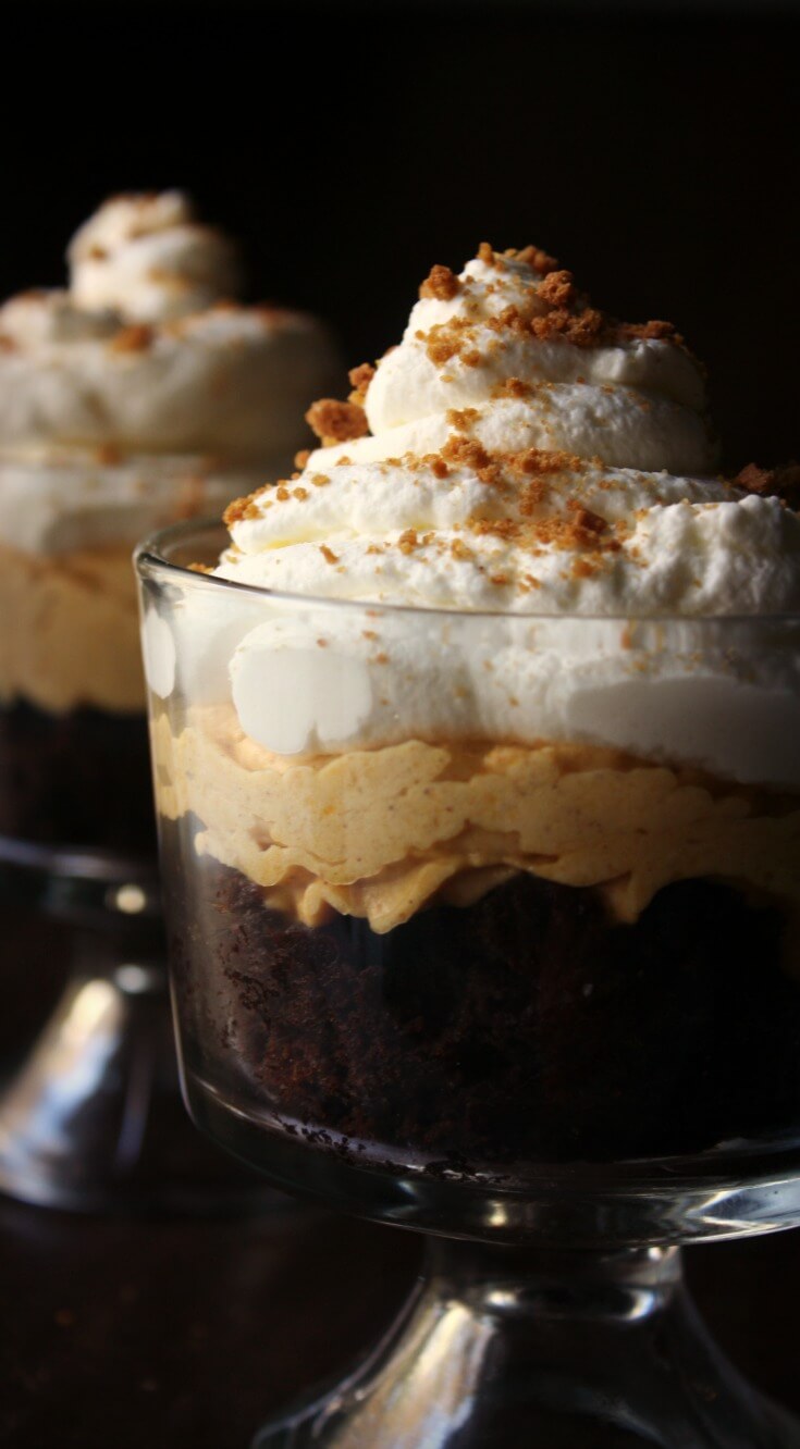 This Brownie Pumpkin Cheesecake Trifle dessert is where chocolate meets pumpkin in a layered decadent Fall dessert. Layers of moist fudgy brownies, fresh whipped cream, and pumpkin cheesecake with a ginger snap crumbs to top it all off.