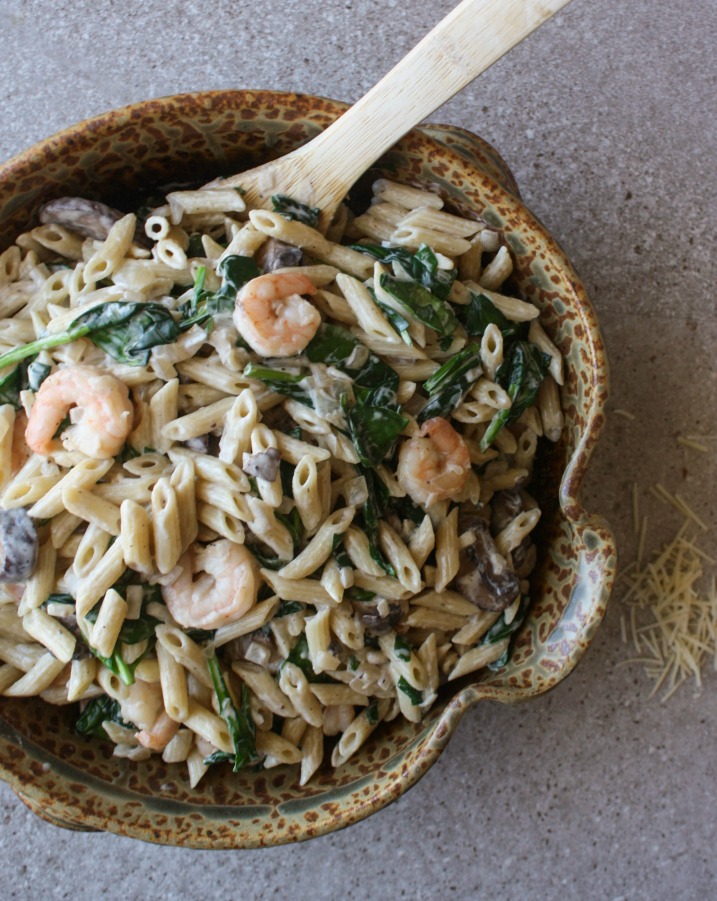 Creamy Shrimp Spinach Pasta with Mushrooms. Easy seafood pasta dish that is creamy and delicious. 