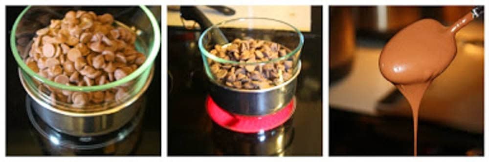Couble boiler method. Chocolate chips in a bowl on the oven.