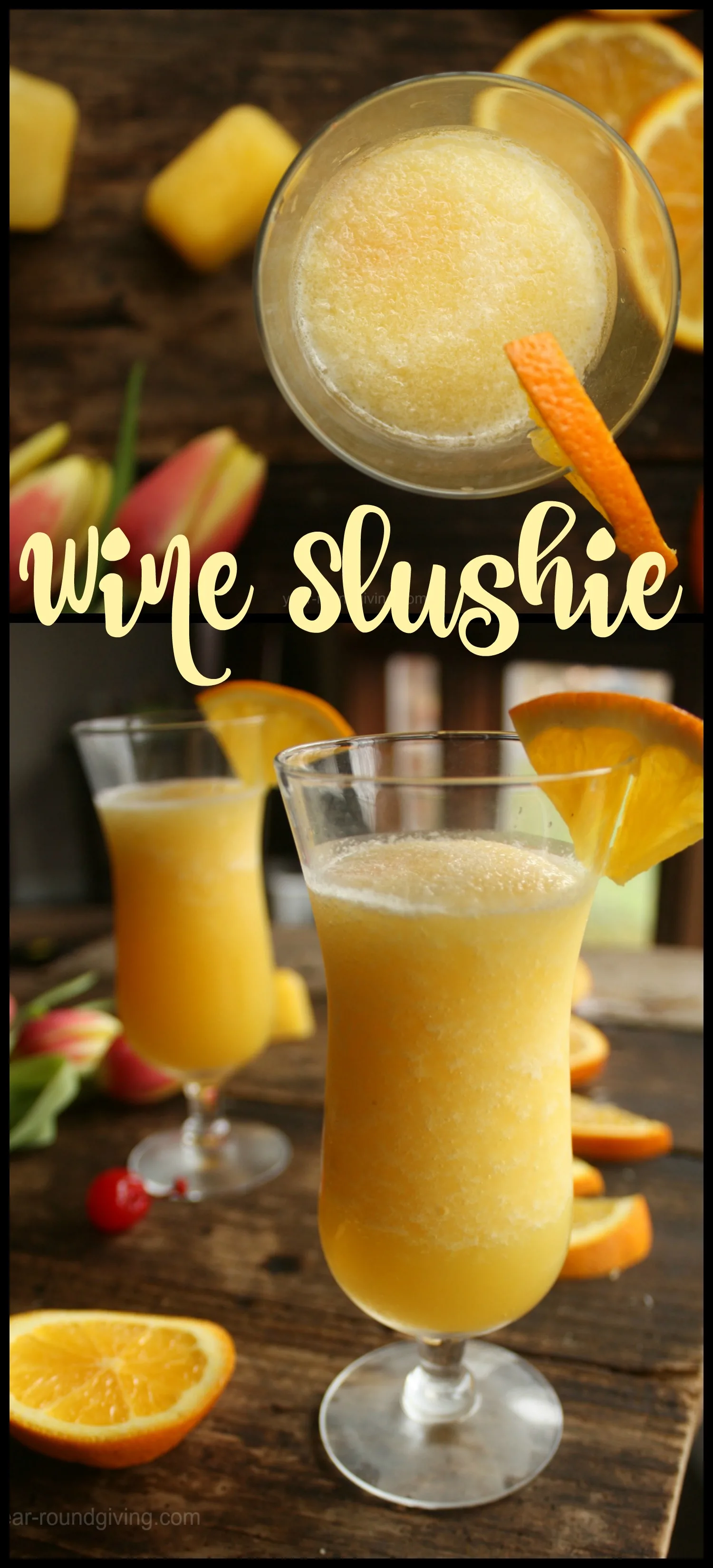 A tropical wine slushie! The Pinot Slush is a wine slushie with Pinot Grigio and Grand Marnier blended with frozen fruit juices.