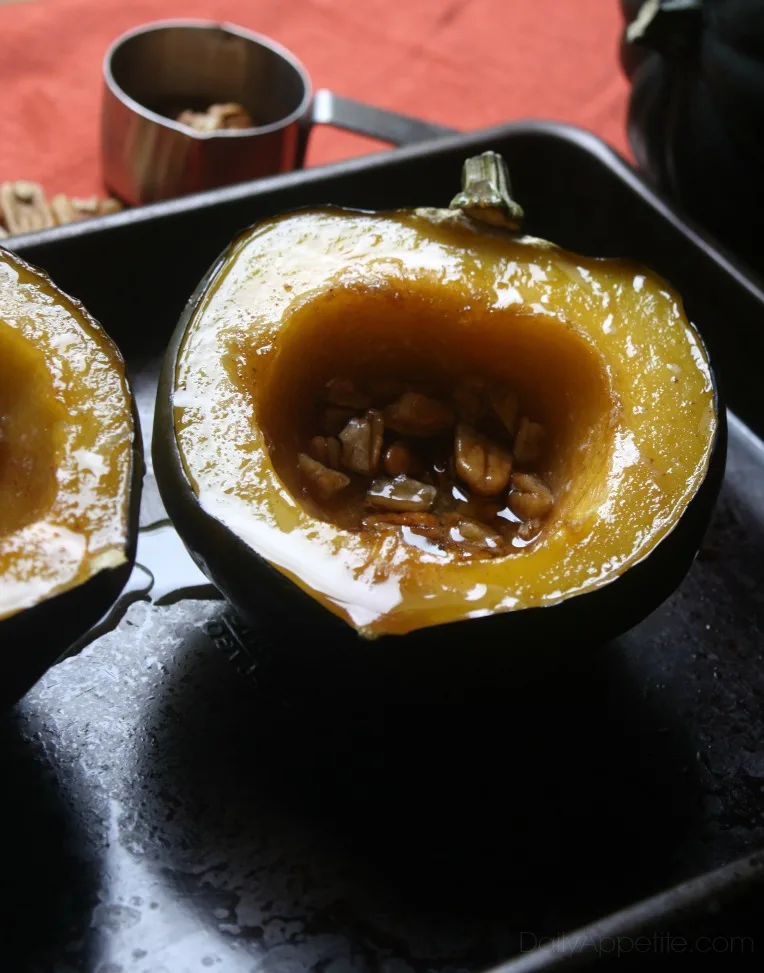 Baked Acorn Squash with butter, brown sugar and pecans