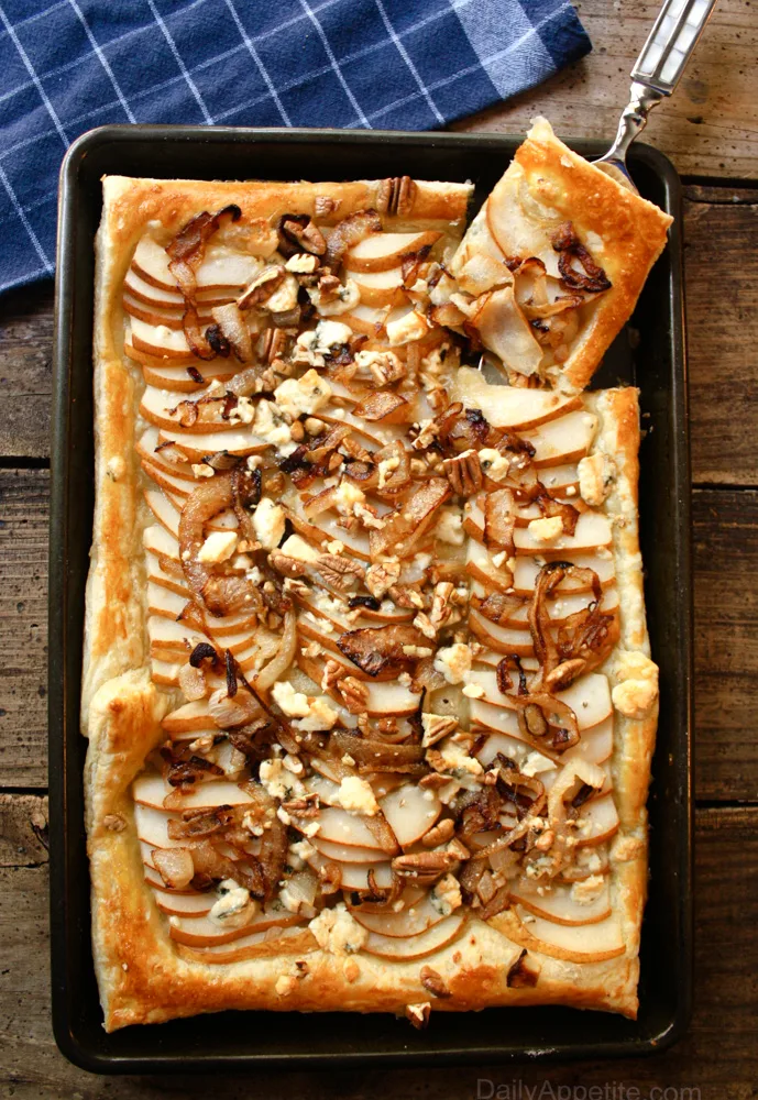 Pear Tart with Caramelized Onions, Cheese and Pecans