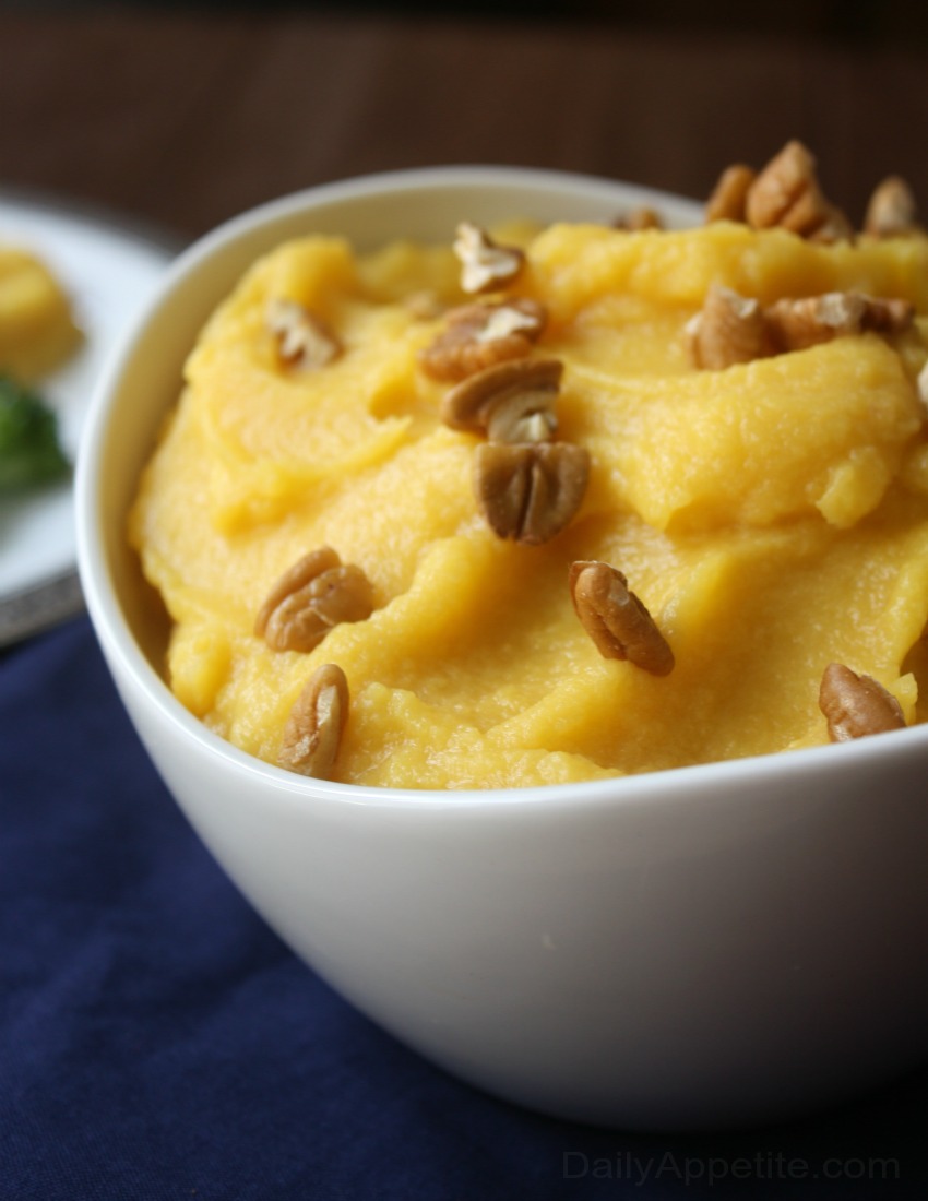 Acorn Squash Puree is a wonderful side dish or sweet edible garnish for your Thanksgiving Dinner. Sprinkle on some crunchy pecans for added texture.