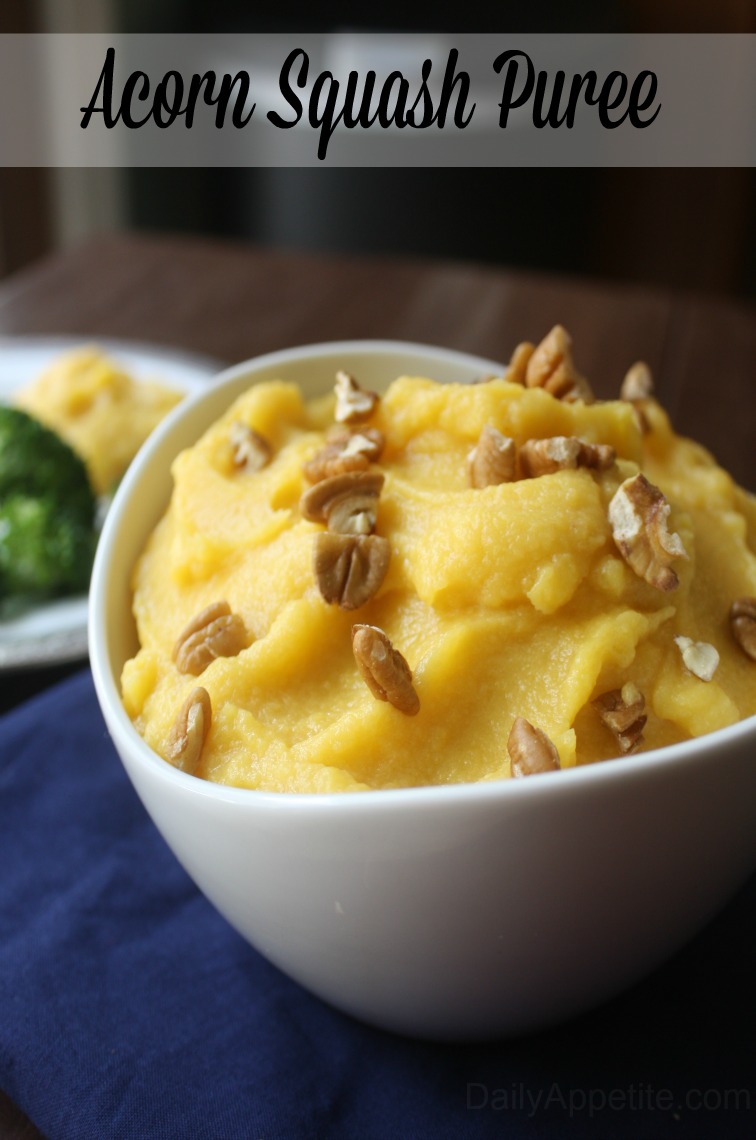 Acorn Squash Puree is a wonderful side dish or sweet edible garnish for your Thanksgiving Dinner. Sprinkle on some crunchy pecans for added texture.