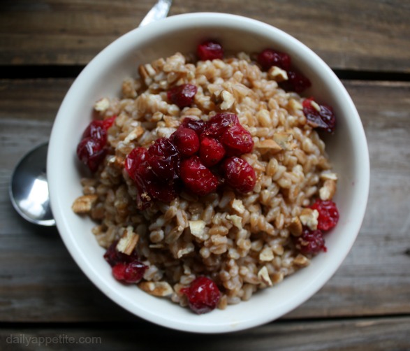 Roasted Cranberry Maple and Brown Sugar Farro Breakfast with Chopped Pecans