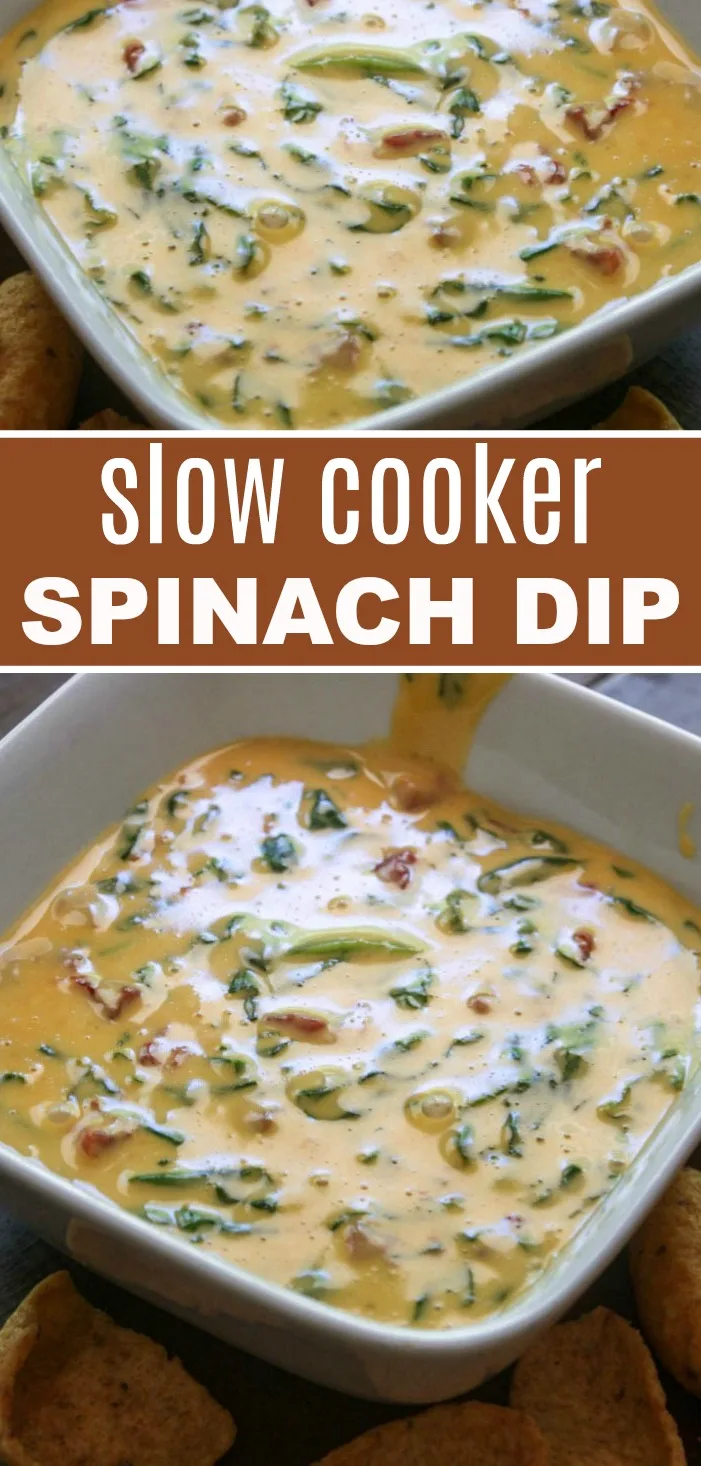 Slow Cooker Spinach Dip is super cheesy and always a hit at parties. Warm gooey melted cheese loaded with fresh spinach and tomatoes with chiles.