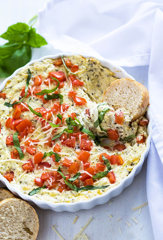 10 Super Cheesy Dips including this Hot Cheesy Caprese Dip