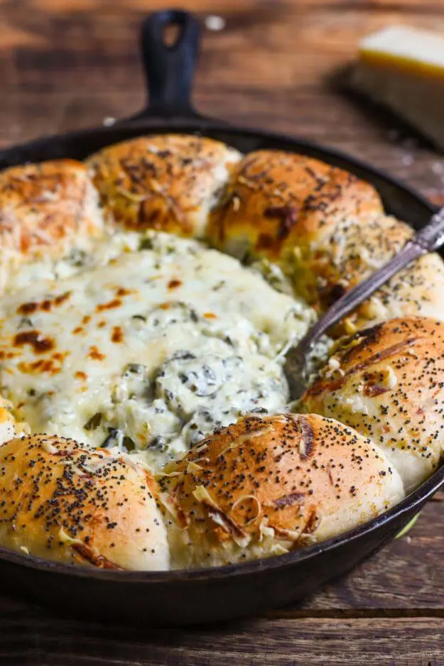 10 Super Cheesy Dips including this skillet bread and spinach dip