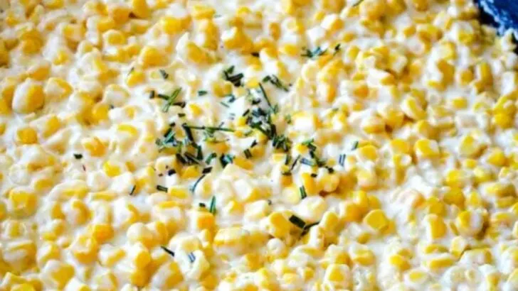 Skilet corn with cream cheese close up.