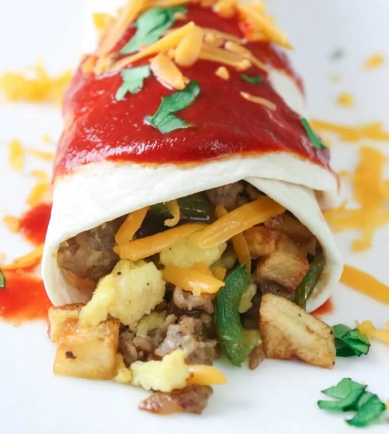 Breakfast Burrito with Red Chili Sauce