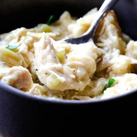 A bowl of crock pot chicken and dumplings