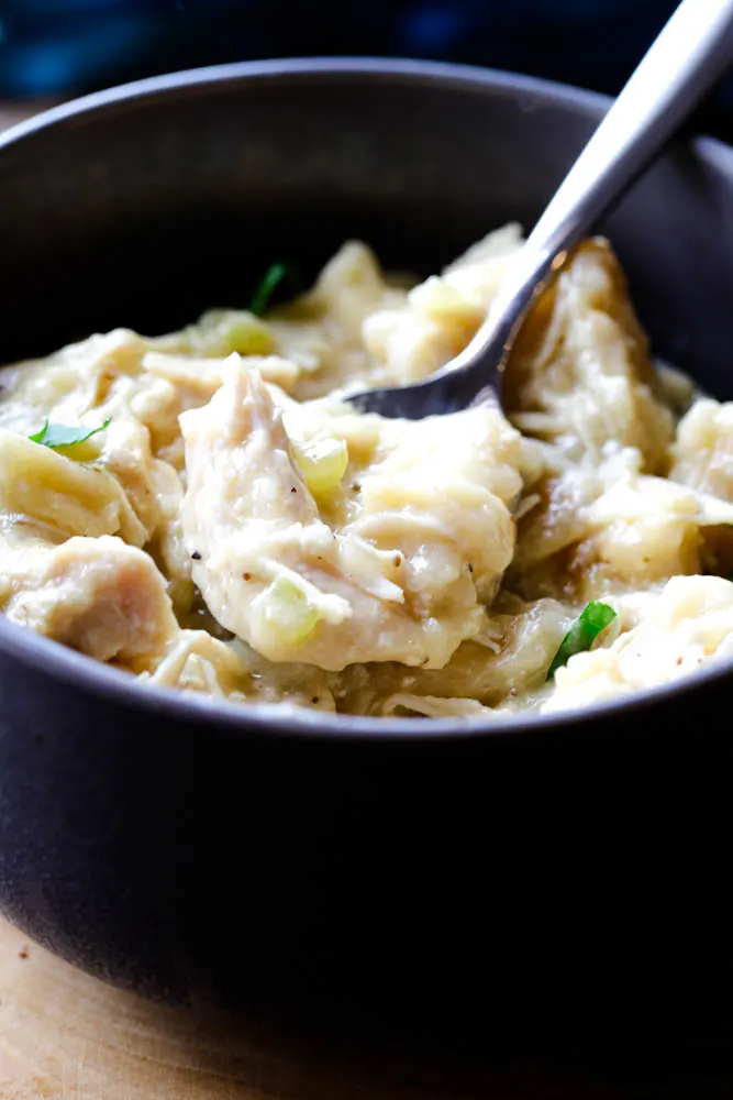 A bowl of crock pot chicken and dumplings