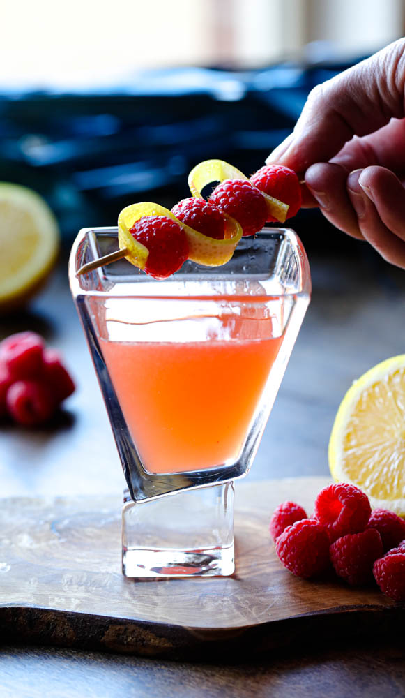 Raspberry Lemon Drop Martini with Raspberry and Lemon Peel Garnish
