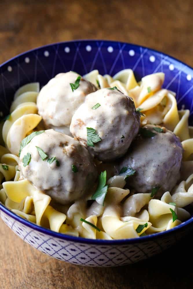 Meatballs in a creamy Swedish Sauce over Egg noodles.